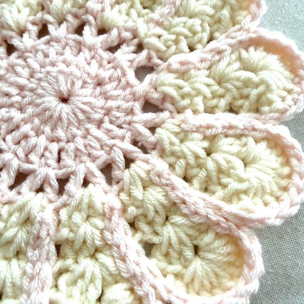 Handmade Crochet Flower Doily – Pink & Cream Floral Decor – 7x7 Inches